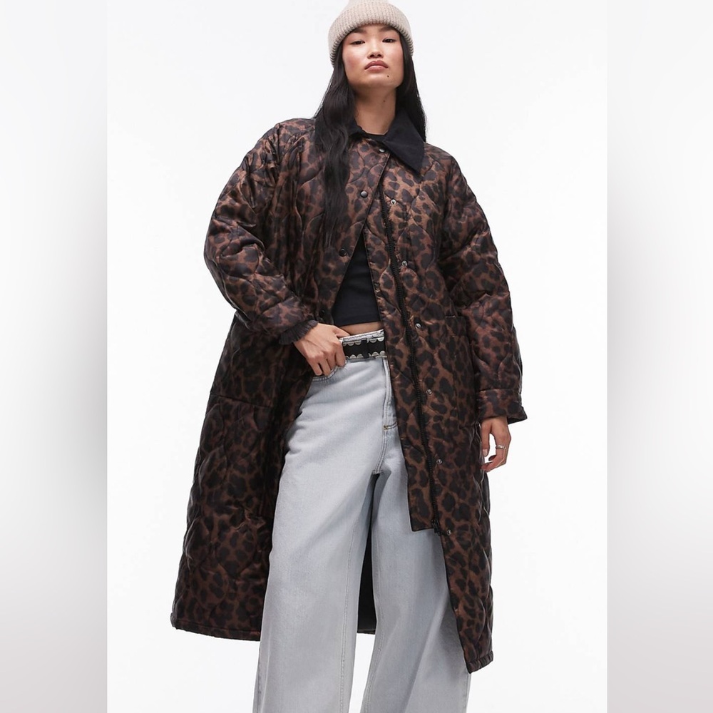 Topshop leopard long nylon coat with a corduroy collar Size L US 12 NWT Oversize